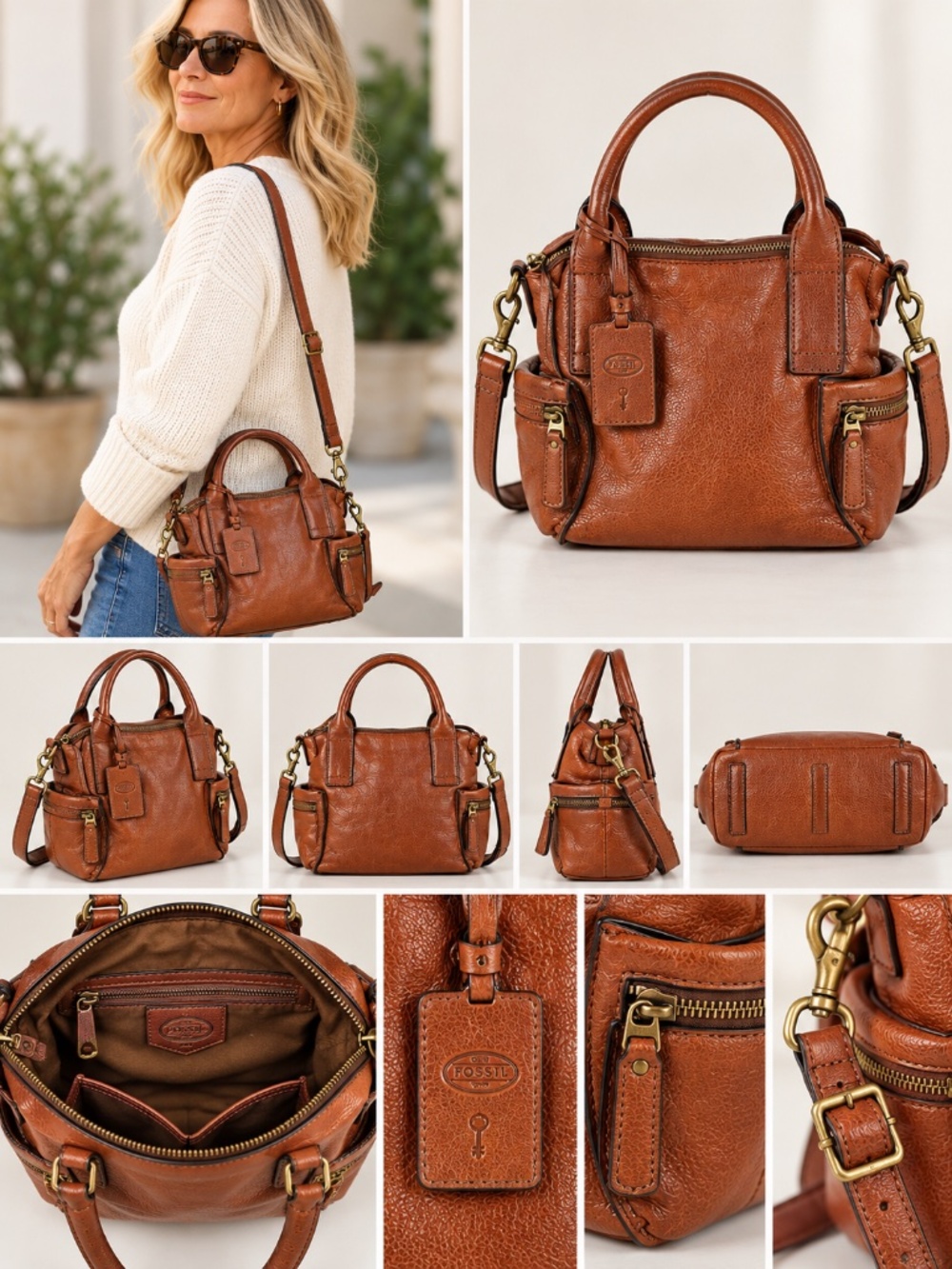 Fossil Emerson Vintage Cognac Leather Crossbody Satchel Bag